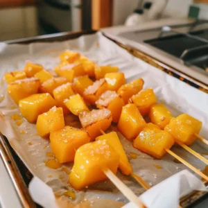 Mango Tanghulu skewers with glassy sugar coating on tray