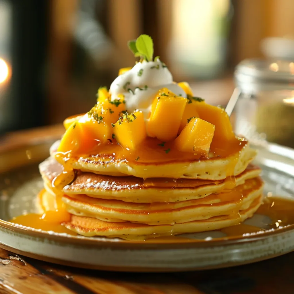 Mango pancakes served with tropical fruits and coconut drizzle