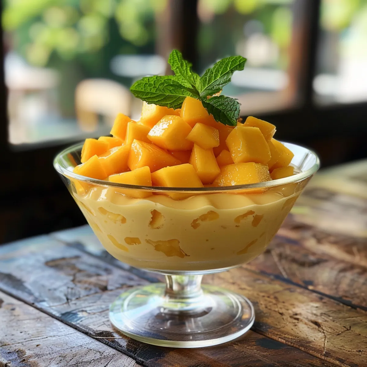 Mango pudding served with mango chunks, coconut flakes, and edible flowers