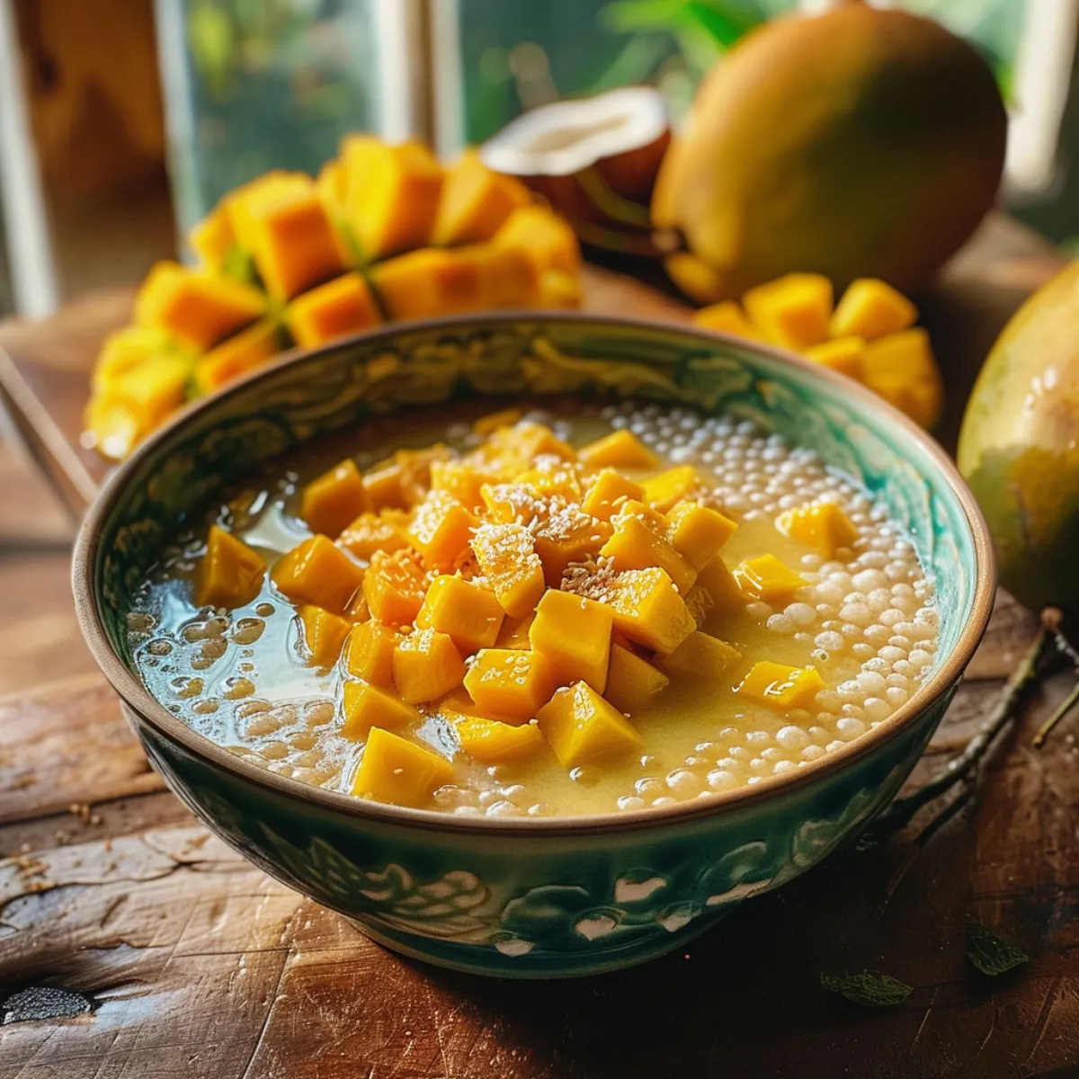 Mango sago served in glass cups with fresh mango and coconut cream