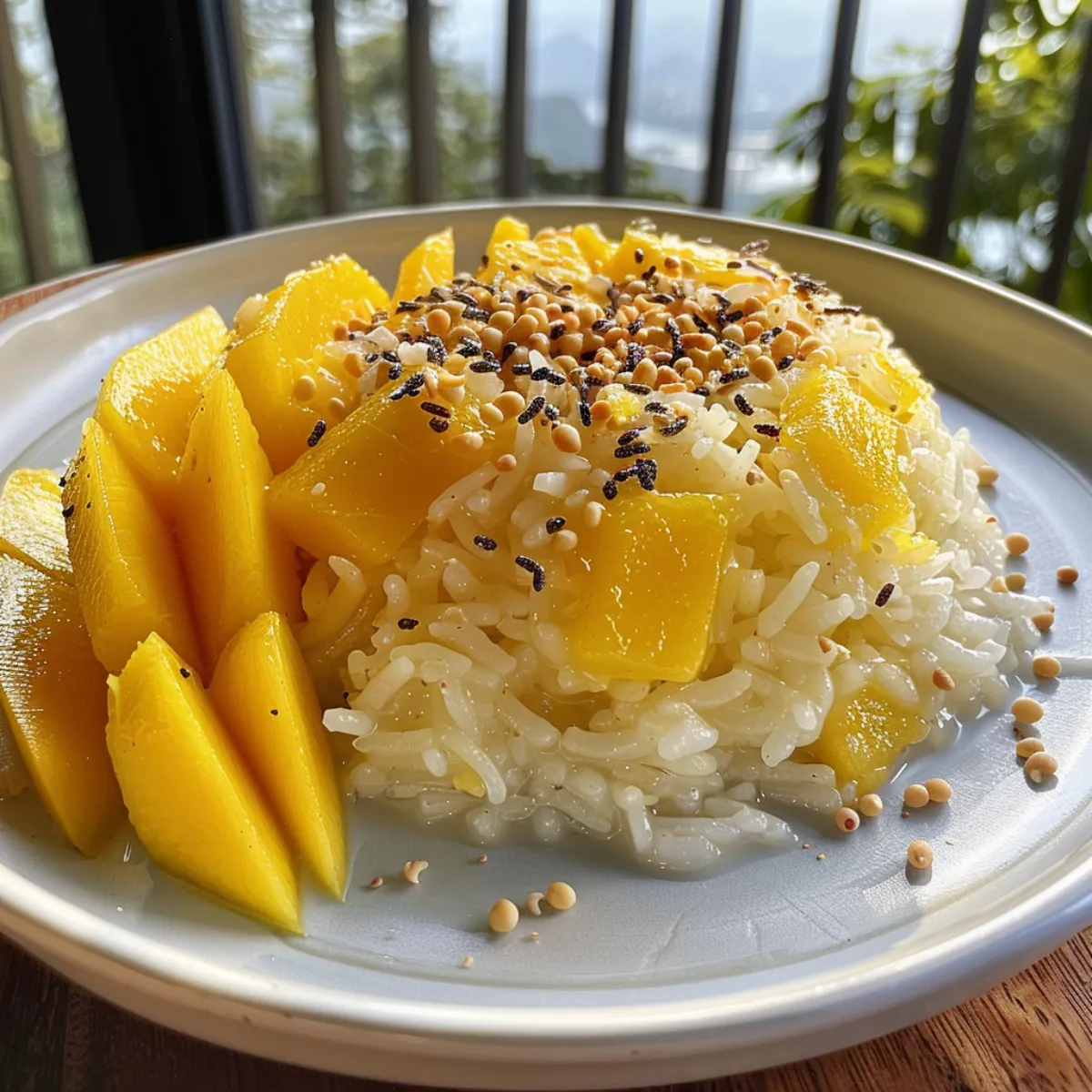 Mango sticky rice served with coconut sauce and sesame seeds on a banana leaf