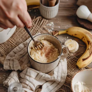 Mashing ripe banana in a mug with other ingredients for banana mug cake visible
