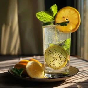 Mason jar of Internal Shower Chia Seed Water with lemon on a kitchen table