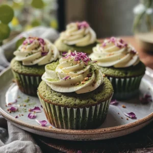 Matcha-cupcakes with vanilla cream cheese frosting on a rustic plate