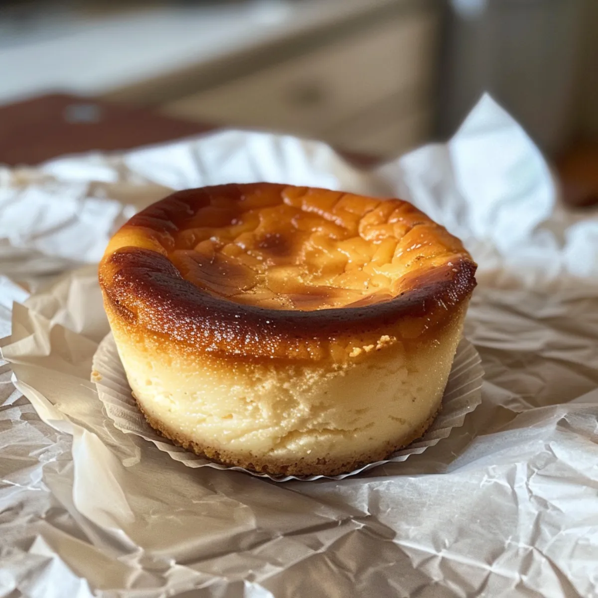 Mini Basque cheesecake with signature burnt top on parchment paper
