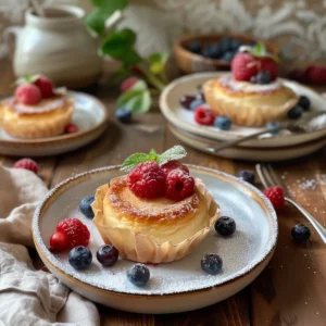 Mini Basque cheesecakes served with berries on dessert plates