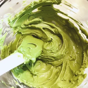 Mixing matcha-cupcake batter in a bowl during preparation