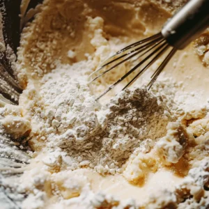 Mixing the batter for butter mochi cupcakes in a large bowl.