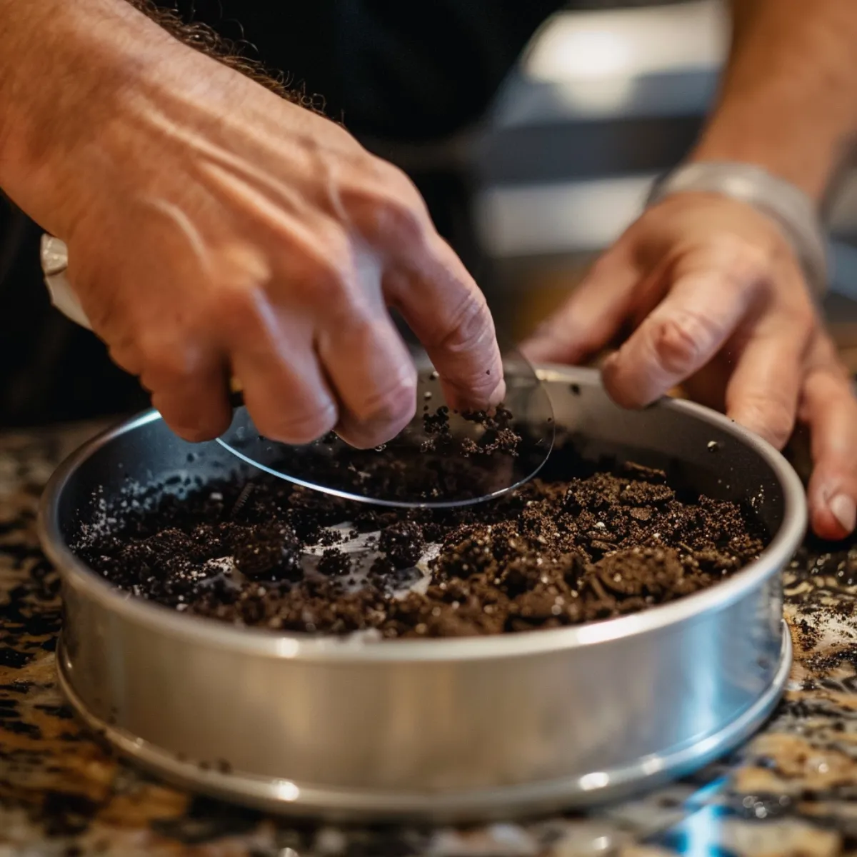 Pouring creamy Oreo cheesecake batter into crust-lined pan