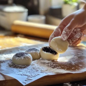 Preparing OREO Mochi by hand with frozen cookie filling