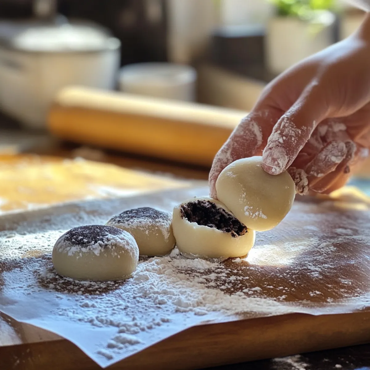 Preparing OREO Mochi by hand with frozen cookie filling