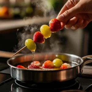 Preparing Tanghulu by dipping fruit skewers into hot sugar syrup