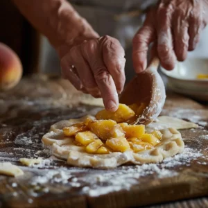 Preparing peach mango pies with fresh filling and dough