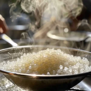 Rinsing cooked sago pearls under cold water for mango sago