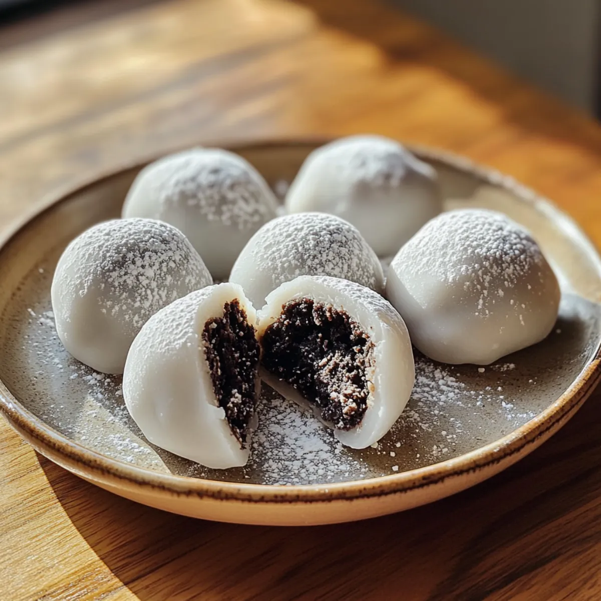 Served OREO Mochi on a plate with tea as a dessert pairing