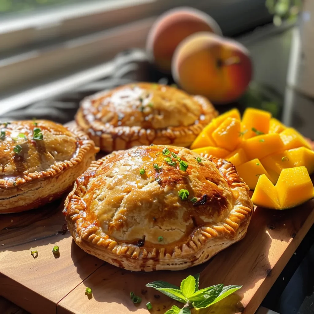 Served peach mango pies with sliced fruit on a wooden board