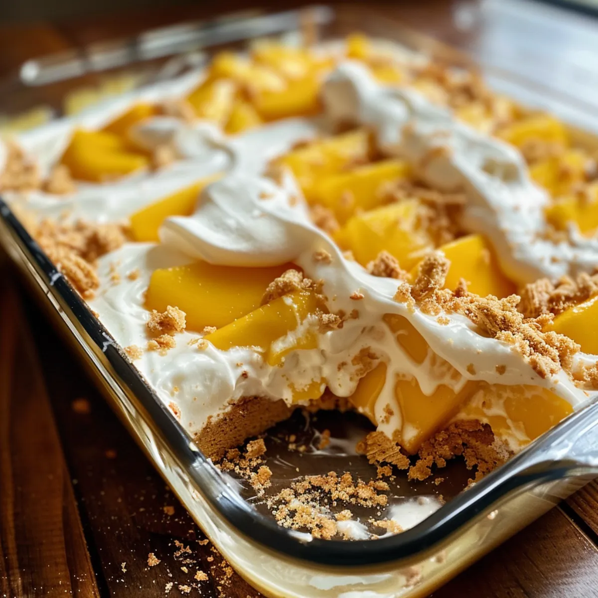 Served slice of mango float topped with fresh mangoes and crushed graham