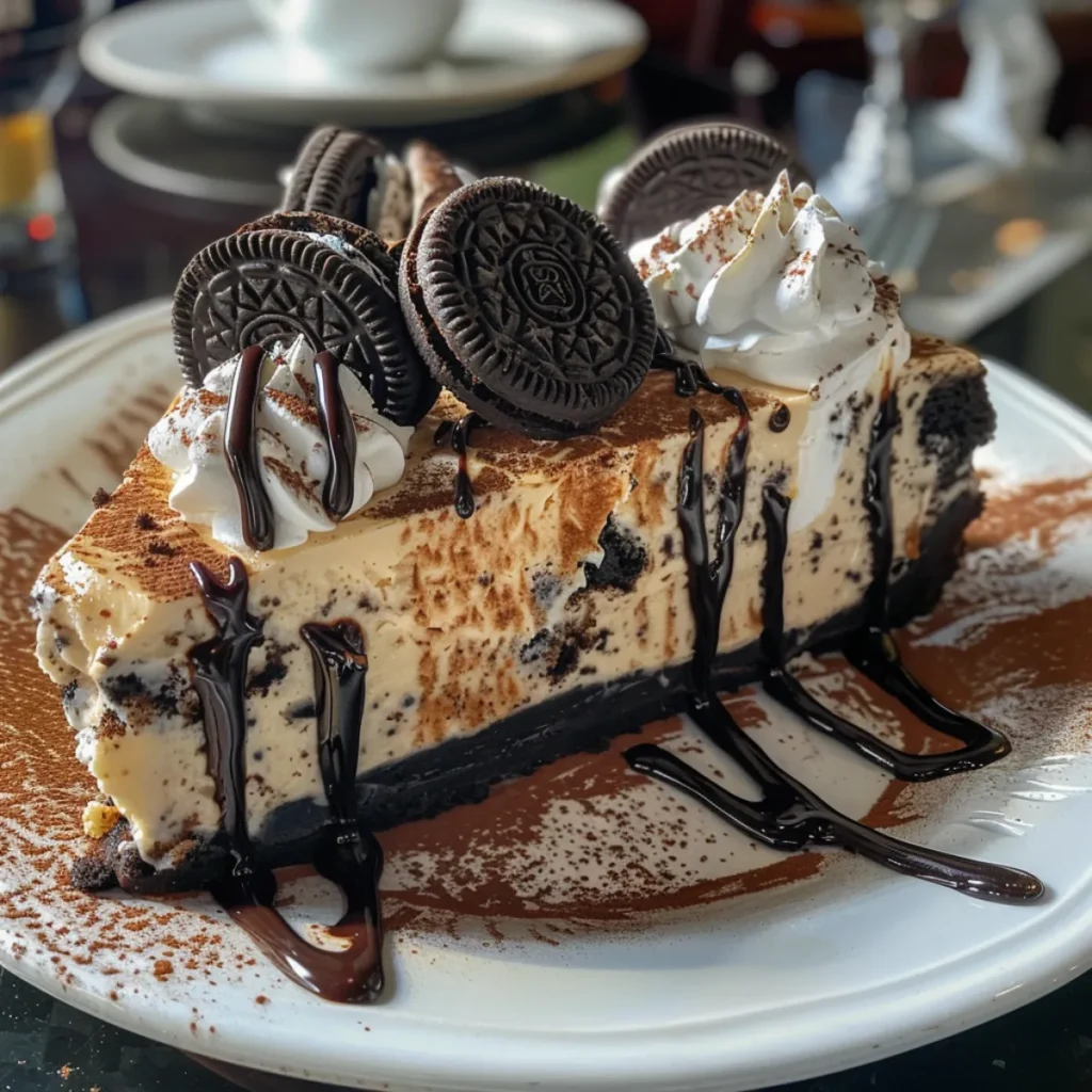 Slice of Baked Oreo Cheesecake topped with whipped cream and crushed cookies
