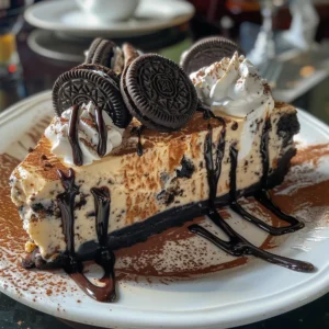 Slice of Baked Oreo Cheesecake topped with whipped cream and crushed cookies