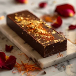 Sliced Dubai Chocolate Bar served with espresso and saffron garnish