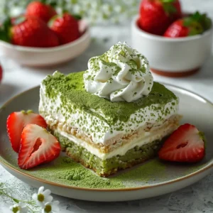 Sponge cake being soaked with matcha milk mixture for Matcha Tres Leches