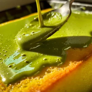 Sponge cake being soaked with matcha milk mixture for Matcha Tres Leches