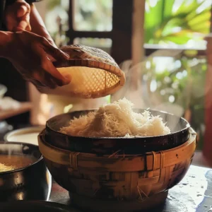 Steaming glutinous rice for mango sticky rice in a bamboo basket