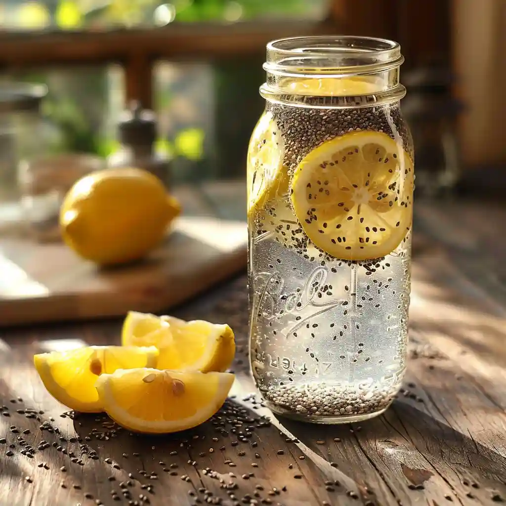 Stirring Internal Shower Chia Seed Water with chia seeds expanding in glass