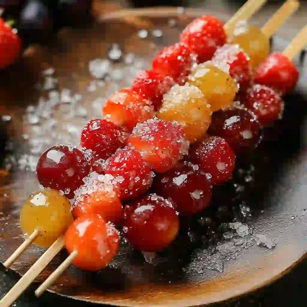 Tanghulu skewers served upright like a fruit bouquet with colorful glazed fruit