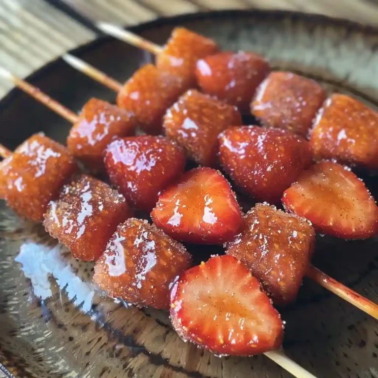 Tanghulu skewers with mixed fruit including strawberries, grapes, and mango