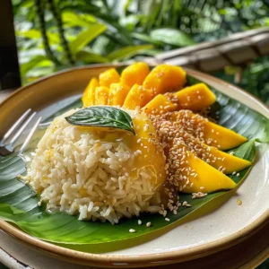 Traditional mango sticky rice dessert with coconut cream and ripe mango