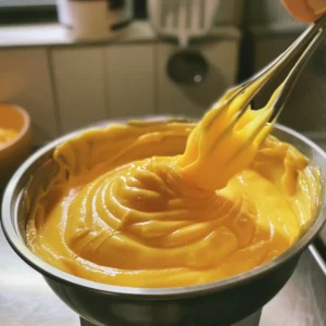Whisking mango puree into creamy gelatin mix for mango pudding