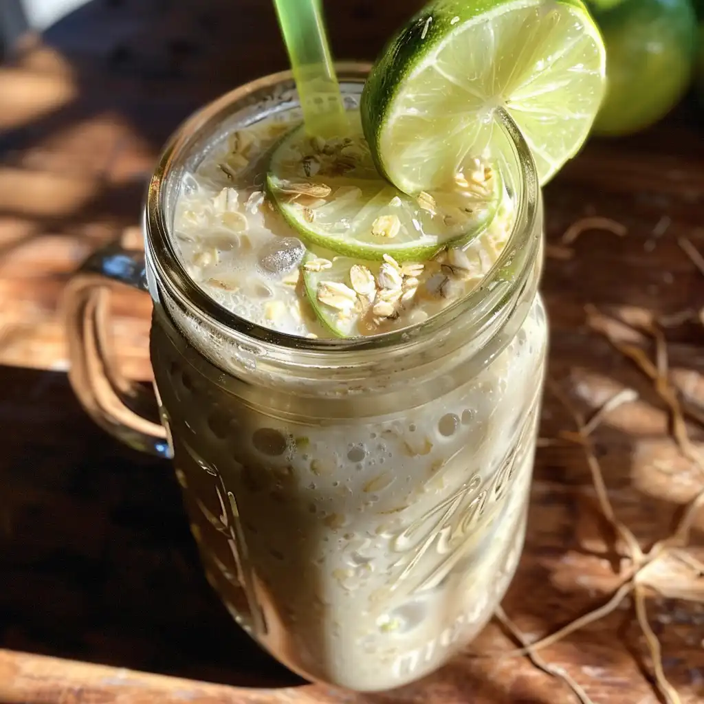 A glass of Oatzempic drink over ice, garnished with lime and oats