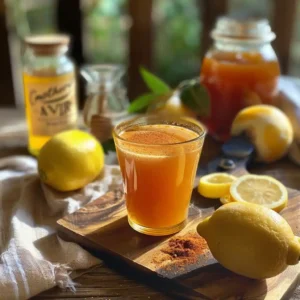 Apple cider vinegar and cayenne pepper drink in a glass on a rustic morning kitchen table