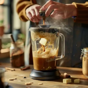 Blending coffee with butter and MCT oil in a kitchen setting