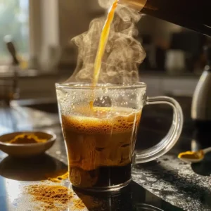 Blending loophole coffee with collagen and MCT oil in glass mug