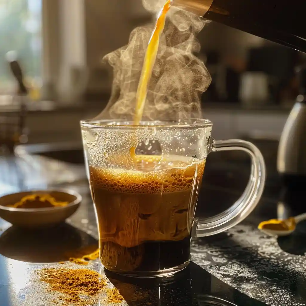 Blending loophole coffee with collagen and MCT oil in glass mug for what is the coffee loophole diet