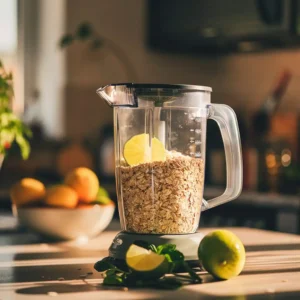 Blending soaked oats and lime juice for Oatzempic drink