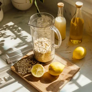 Blending the oatzempic ingredients in a kitchen blender during morning light