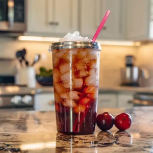 Cherry vanilla cola WaterTok drink in a 40 oz Stanley tumbler with reusable straw
