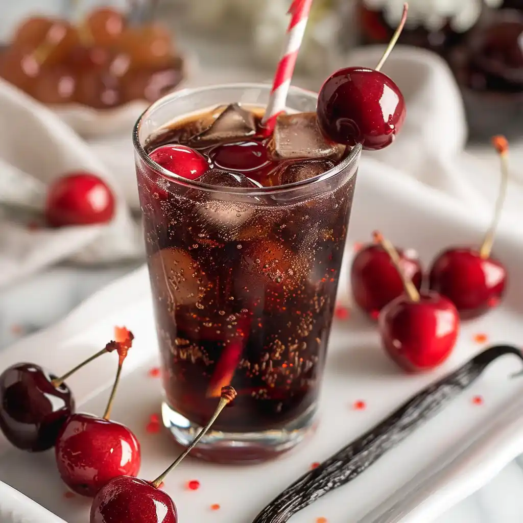 Cherry vanilla WaterTok drink served in a glass with fresh cherries and vanilla