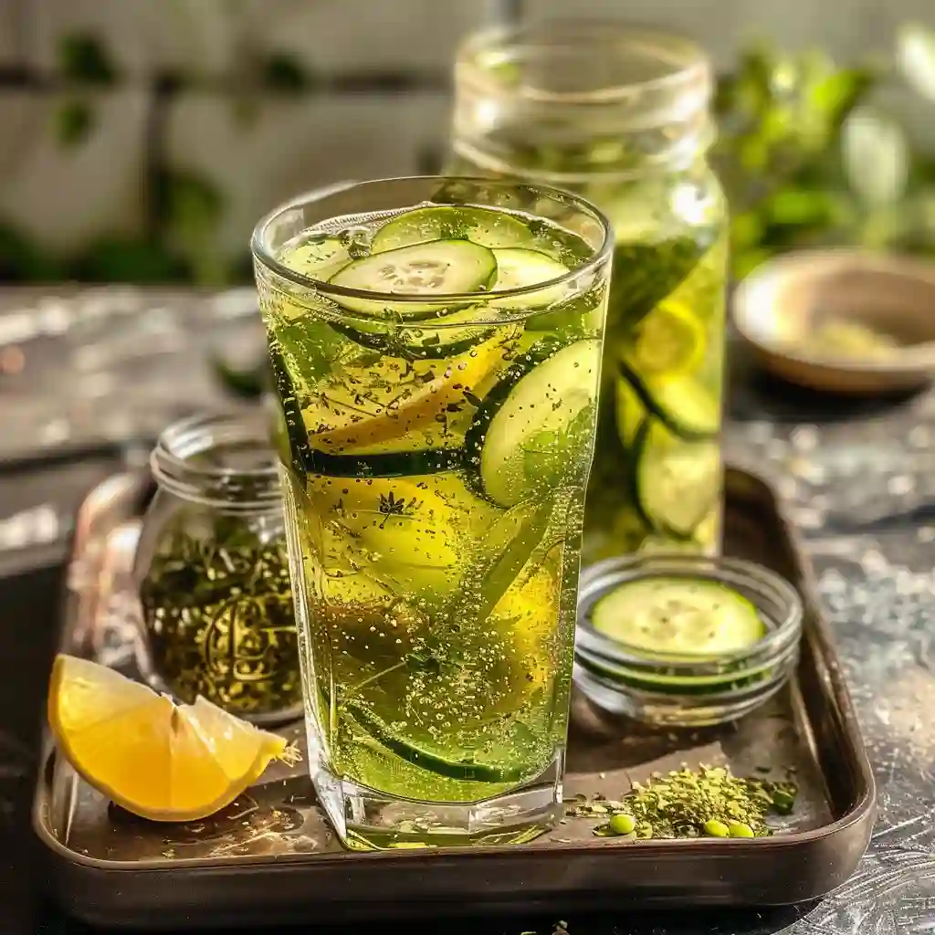 Chilled moringa detox water served with cucumber and lemon on a tray