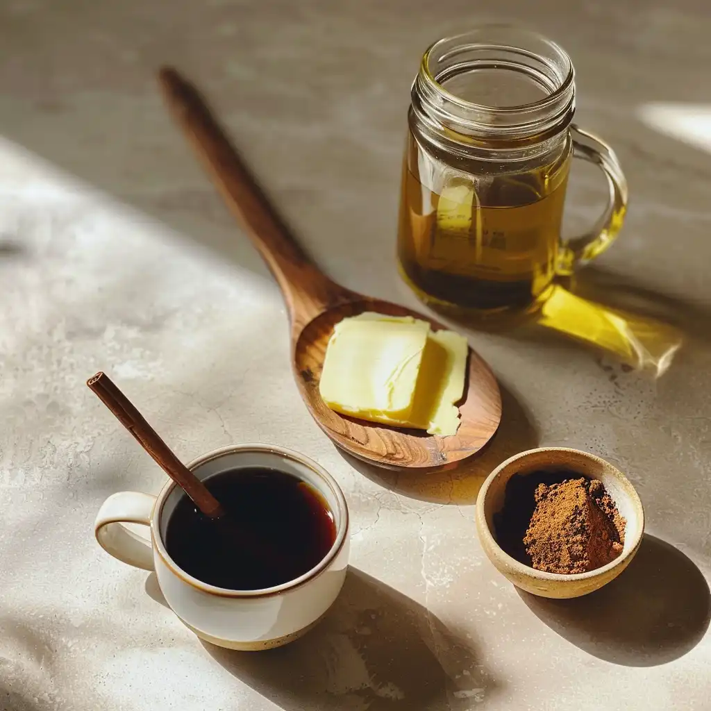 Coffee Loophole ingredients laid out on a wooden counter