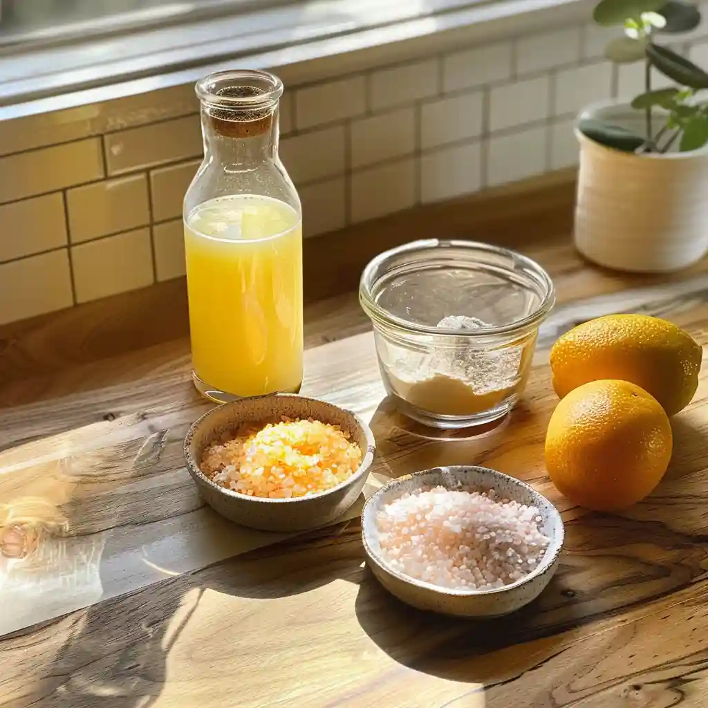 cortisol cocktail recipe ingredients including orange juice, cream of tartar, and sea salt on wooden counter