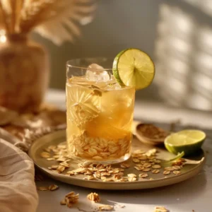 Creamy Oatzempic oatmeal lime drink served in a mason jar over ice with lime wedges