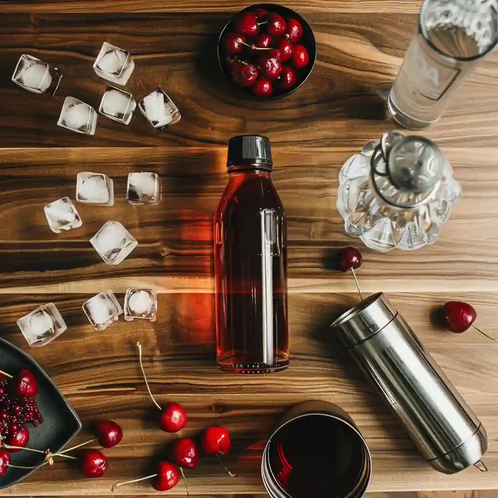Flat lay of cherry syrup, vanilla syrup, sparkling water, and ice for WaterTok recipe