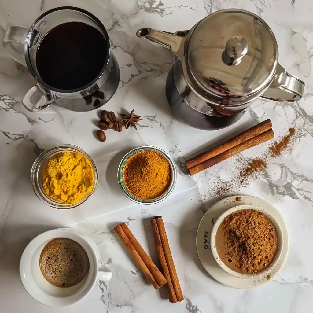 what is the coffee loophole diet Flat lay of MCT oil, cinnamon, turmeric, collagen, and coffee beans on rustic counter