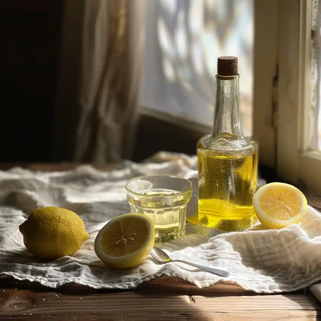 Freshlemon and olive oil in the morning, citrus press and glass arranged for a Mediterranean morning drink