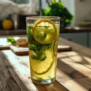 Glass of moringa detox water with mint and cucumber, served beside a breakfast journal