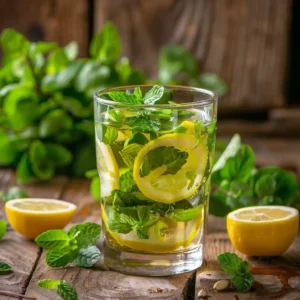 Glass of moringa detox water with lemon and mint on a rustic wooden table